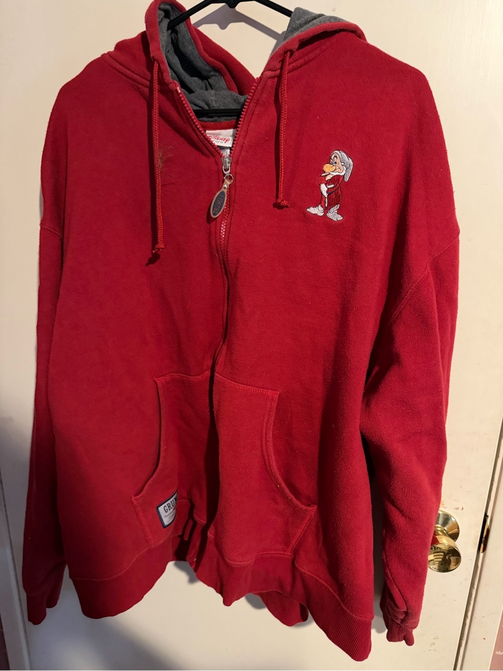 Disney Men's Red Zip-Up Hoodie with Embroidered Character